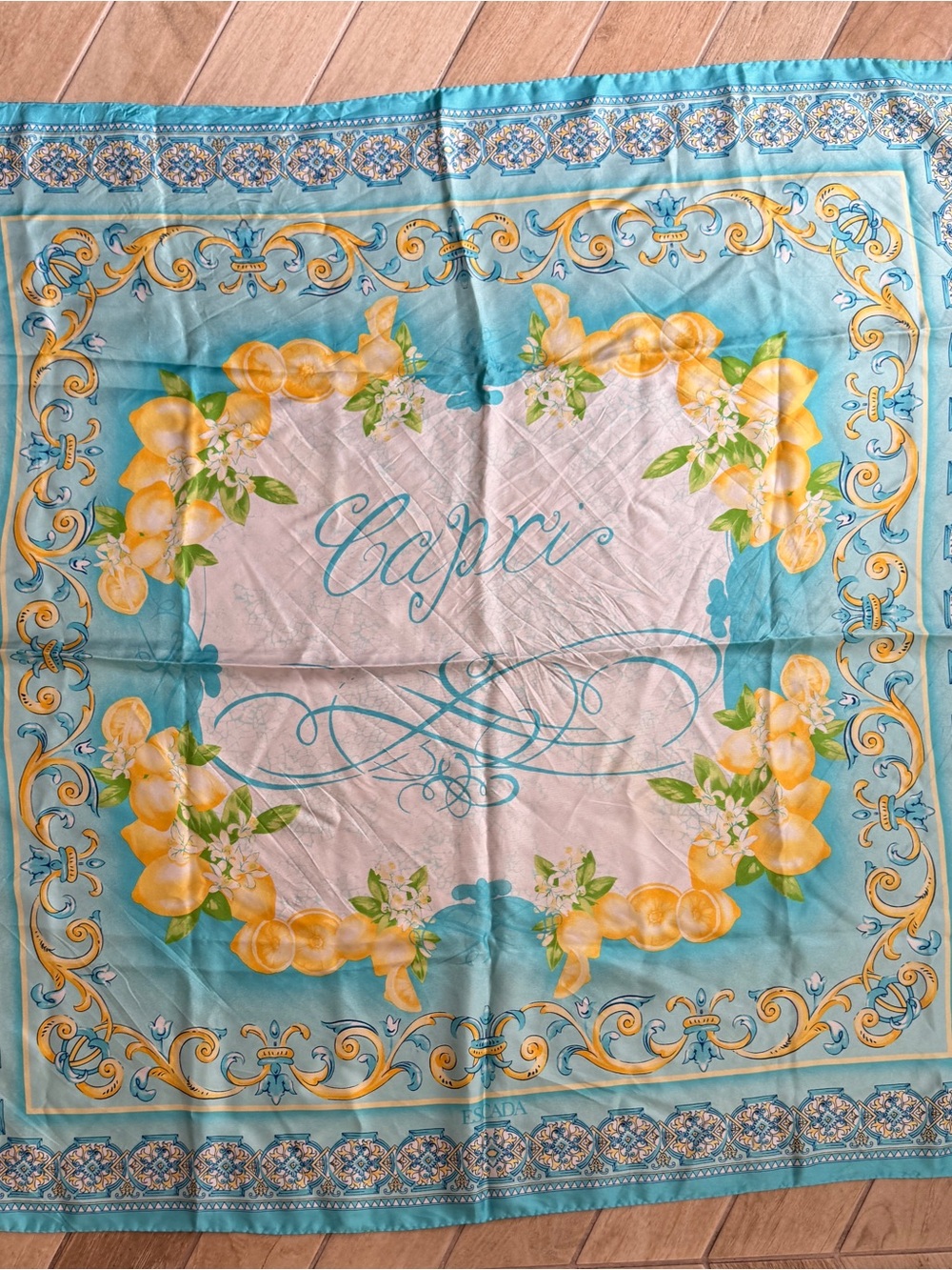 Escada Capri Floral Silk Scarf in Turquoise & Yellow